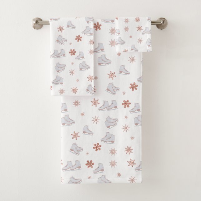 Rose Gold Ice Skates Blush Pink Skating Pattern Bath Towel Set (Insitu)