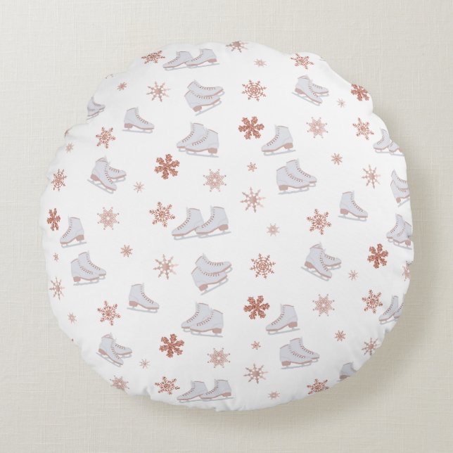 Rose Gold Ice Skates Blush Pink Skating Pattern Round Pillow (Front)