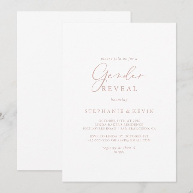 Rose Gold Idyllic Calligraphy Gender Reveal Party  Invitation (Front/Back)