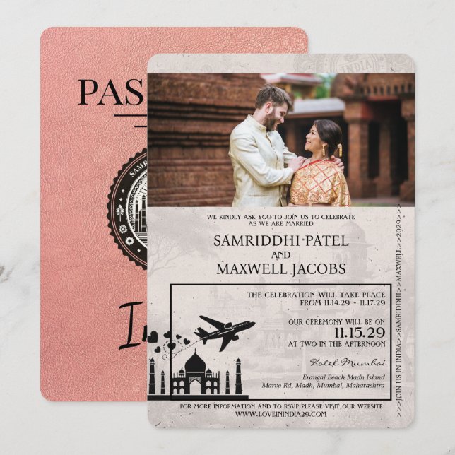 Rose Gold India Passport Wedding Invitation (Front/Back)
