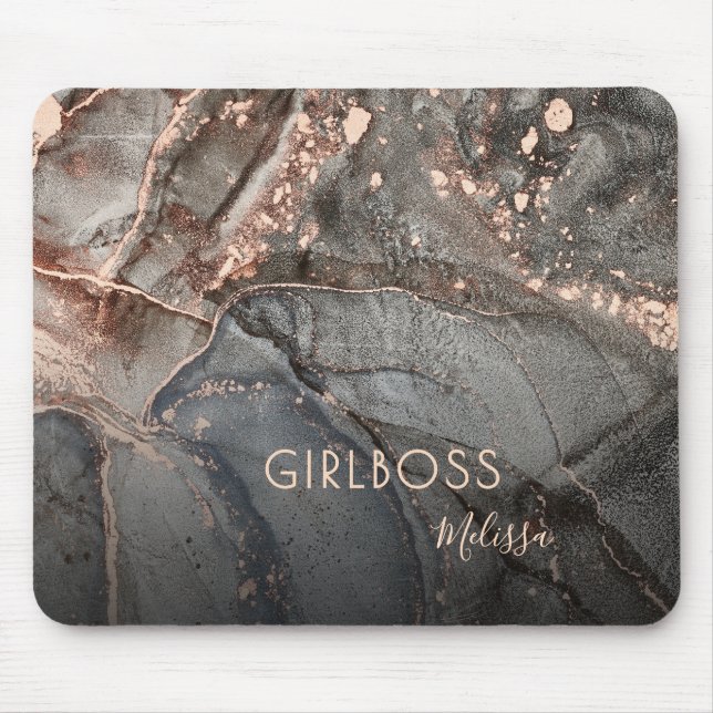 Rose Gold Ink Marble | Girlboss Name Mouse Pad (Front)