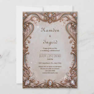 Rose Gold Jewel Scrollwork Frame Wedding Invitation