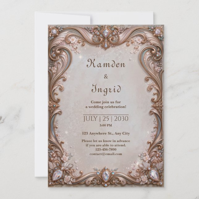 Rose Gold Jewel Scrollwork Frame Wedding Invitation (Front)