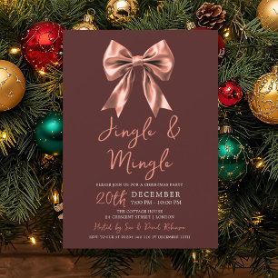 Rose Gold Jingle Mingle Xmas Party Bow Burgundy Invitation