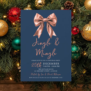 Rose Gold Jingle Mingle Xmas Party Bow Navy Blue  Invitation