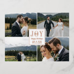 Rose Gold Joy Heart Wedding Happy Holidays Foil Holiday Postcard<br><div class="desc">Happy holidays rose gold foil postcard with a photo collage of four wedding photos and JOY written in rose gold foil with a little heart inside the o. Holidays wedding photo postcard with rose gold foil text and a cute little heart. Wedding Christmas photo collage postcard to thank your wedding...</div>