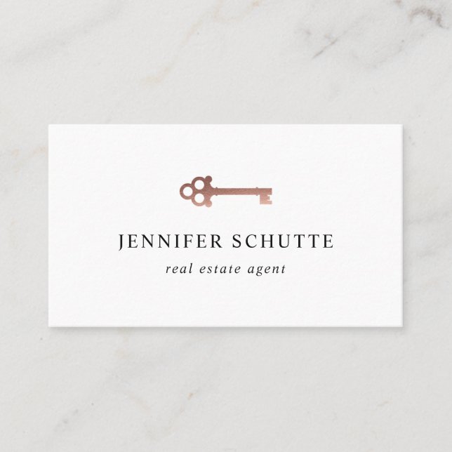 Rose Gold Key Modern Real Estate Agent Broker Business Card (Front)