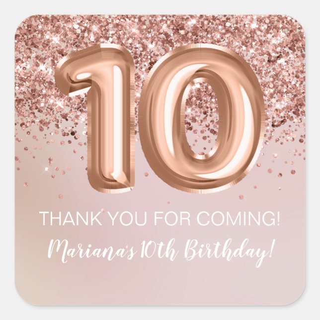 Rose Gold Kids Girl 10th Birthday Party Favour Square Sticker (Front)