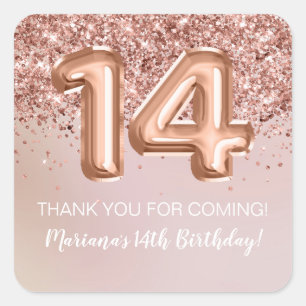 Rose Gold Kids Girl 14th Birthday Party Favour Square Sticker