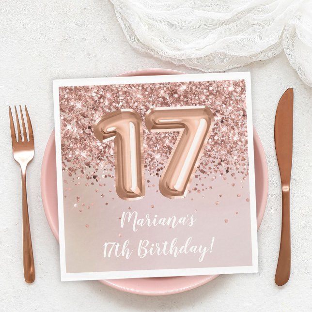  Rose Gold Kids Girl 17th Birthday Party Napkin (Creator Uploaded)