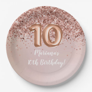 Rose Gold Kids Girly 10th Birthday Party Paper Plate