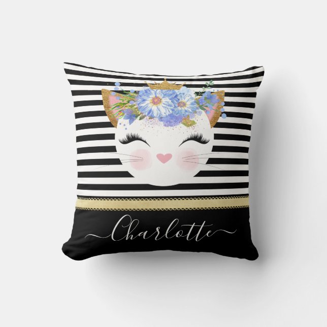 Rose gold kitty princess black white floral  throw pillow (Front)