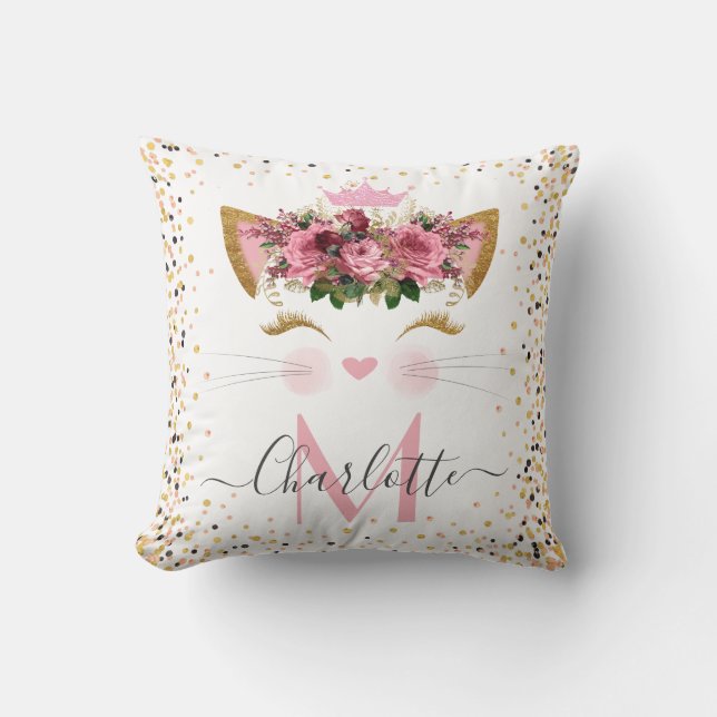 Rose gold kitty princess monogram trendy   throw pillow (Front)