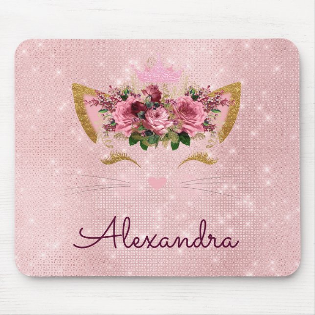 Rose Gold Kitty Sparkle Princess Monogram Name Mouse Pad (Front)