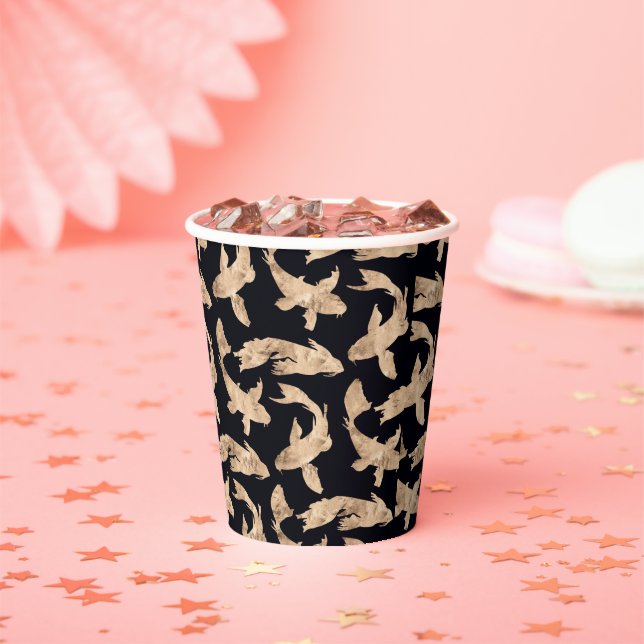 Rose gold koi fish graphic pattern paper cups (Insitu)