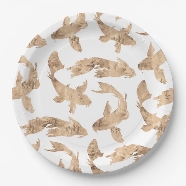 Rose gold koi fish white background  paper plate (Front)