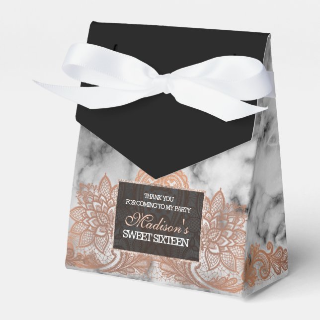 Rose Gold Lace and Marble Sweet 16 Favor Box (Front Side)