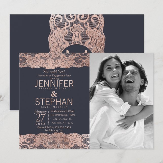 Rose Gold Lace and Navy Blue Engagement Invitation (Front/Back)