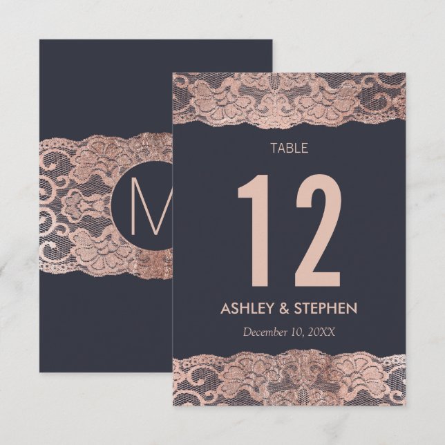 Rose Gold Lace and Navy Blue Table Numbers (Front/Back)