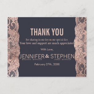 Rose Gold Lace and Navy Blue Thank You Postcards