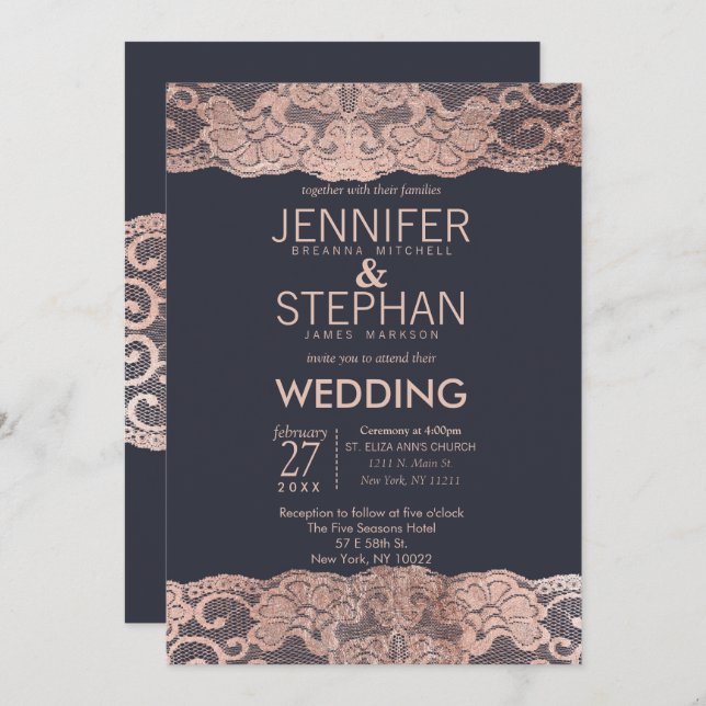 Rose Gold Lace and Navy Blue Wedding Invitations (Front/Back)
