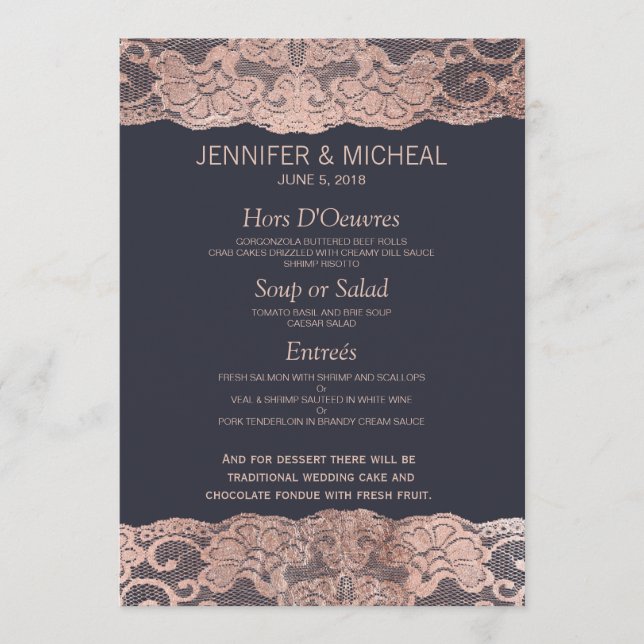 Rose Gold Lace and Navy Blue Wedding Menu (Front)