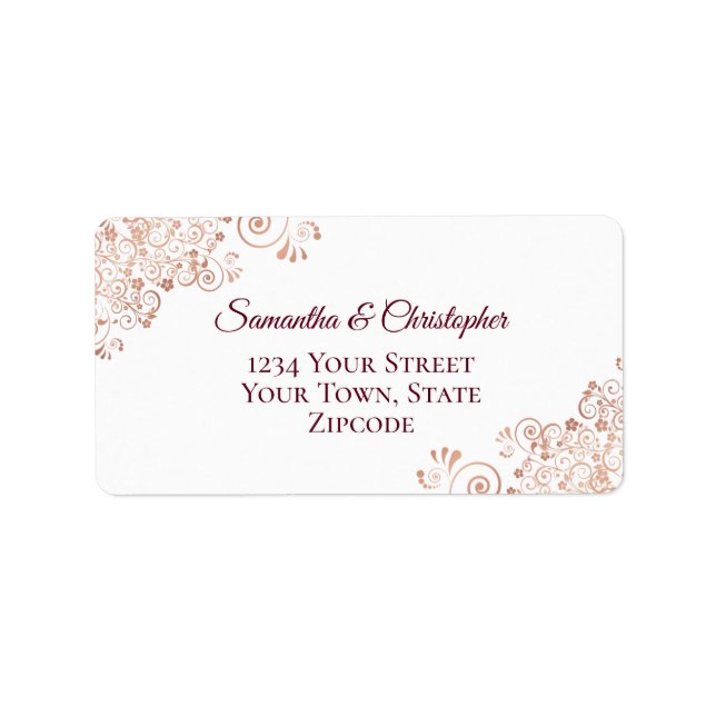 Rose Gold Lace & Burgundy Elegant Wedding Address Label (Front)