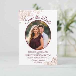 Rose Gold Lace & Burgundy Oval Photo Wedding Save The Date