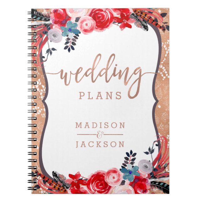 Rose Gold Lace & Floral Elegant Wedding Planner Notebook (Front)