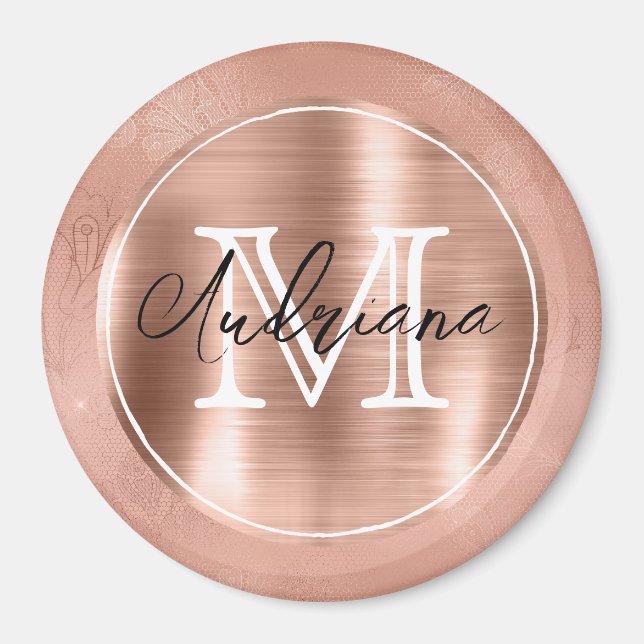 Rose Gold Lace Monogram and Name Magnet (Front)
