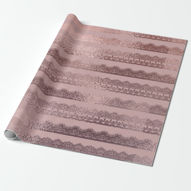  Rose Gold Lace Stripe Pattern on Blush Pink Wrapping Paper (Unrolled)