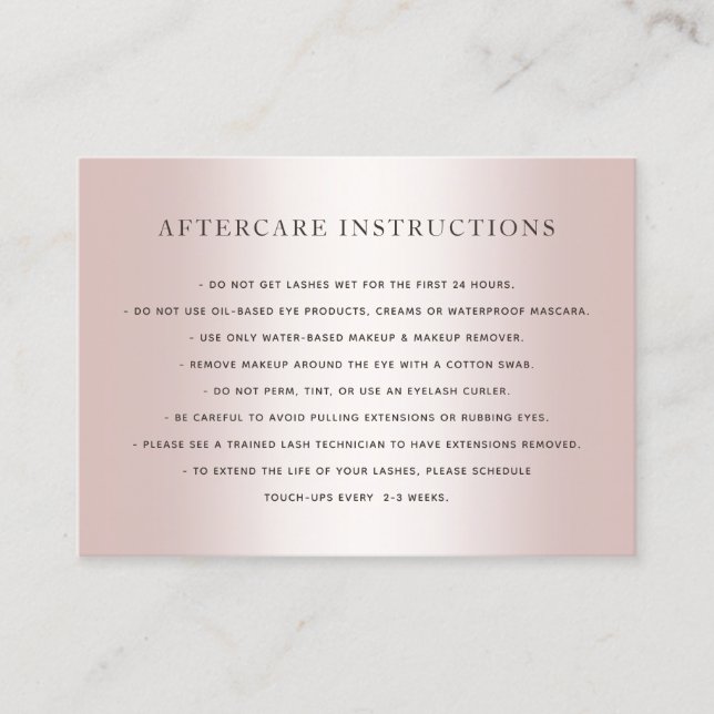 Rose Gold Lash Extensions Aftercare Instructions Business Card (Front)