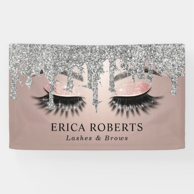 Rose Gold Lashes & Brows Salon Modern Silver Drips Banner (Horizontal)