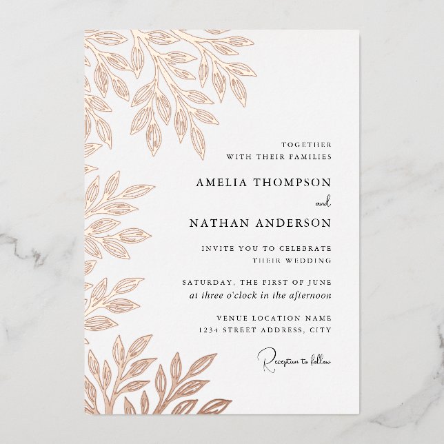 Rose Gold Leaf Wedding  Foil Invitation (Front)