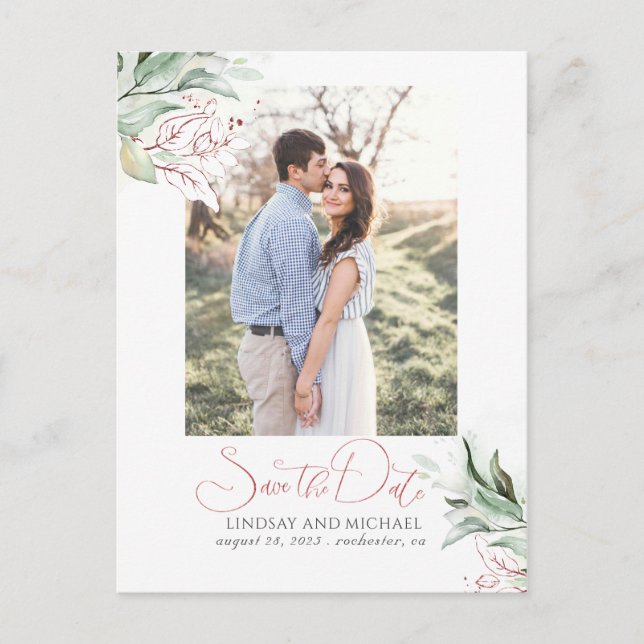 Rose Gold Leaves Greenery Save the Date Photo Announcement Postcard (Front)