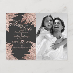 Rose Gold Leaves on Black Save the Date Postcards