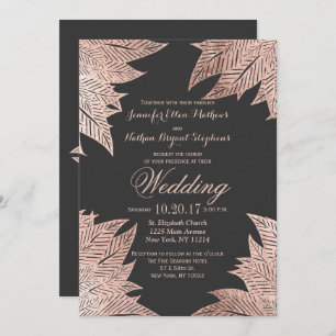 Rose Gold Leaves on Black Wedding Invitations