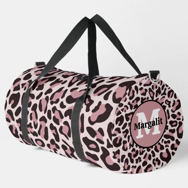 Rose Gold Leopard Print Monogram Large Duffel Bag (Left Corner)