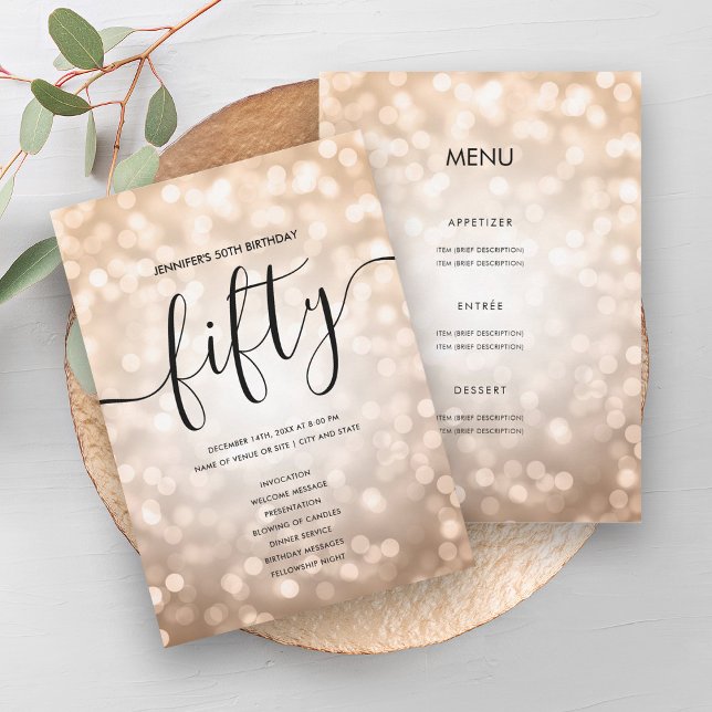 Rose Gold Lights 50th Birthday Menu Program (Rose Gold Lights 50th Birthday Menu Program)