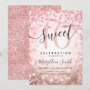 Rose Gold Lights Glitter Confetti 16th Birthday Invitation