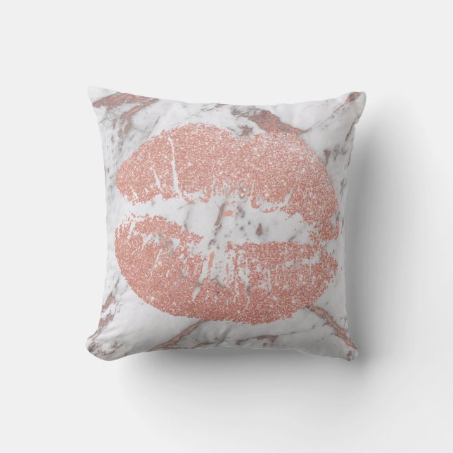 Rose Gold Lips Glitter Blush Sparkly Kiss Marble Throw Pillow (Front)
