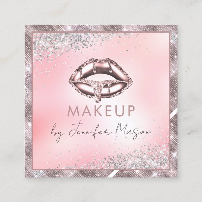 Rose Gold Lips Glitter Makeup Artist Unique Beauty Square Business Card (Front)