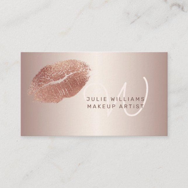 Rose Gold Lips w/ Monogram Makeup Artist Business Card (Front)