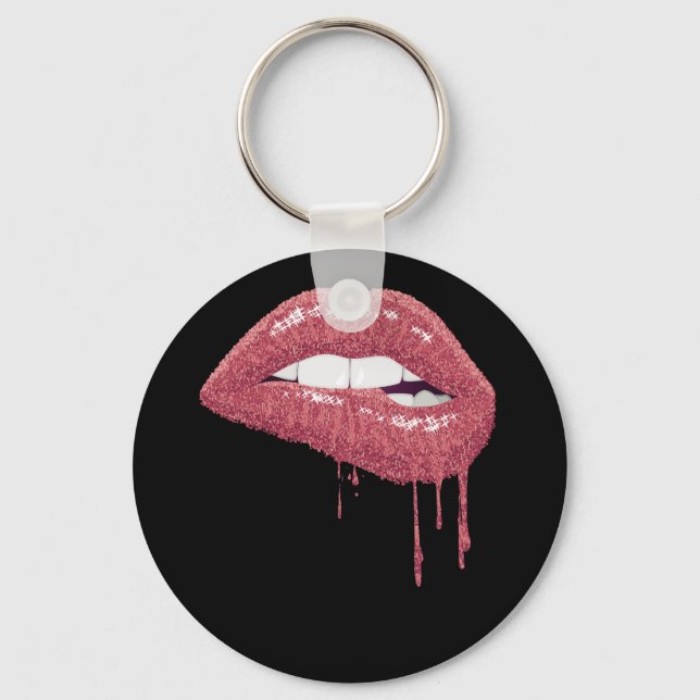 Rose Gold Lipstick Kiss Hot 80s Drip Lips 1980 Keychain (Front)