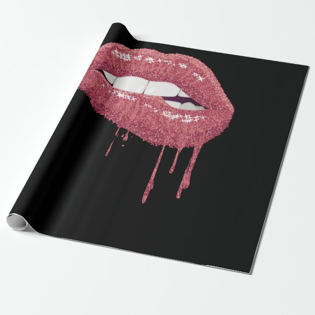 Rose Gold Lipstick Kiss Hot 80s Drip Lips 1980 Wrapping Paper (Unrolled)