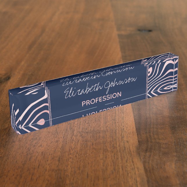 Rose Gold liquid swirl Abstract Blue Design Nameplate (Side)