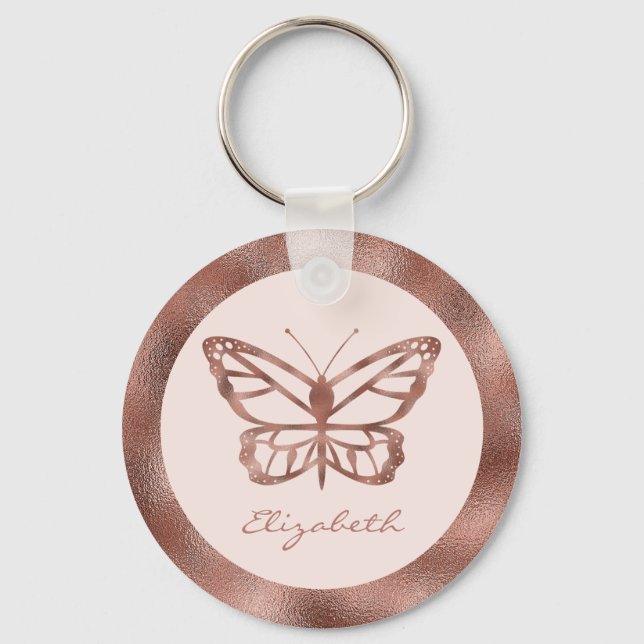 Rose Gold Look-like Butterfly On Blush Pink & Name Keychain (Front)