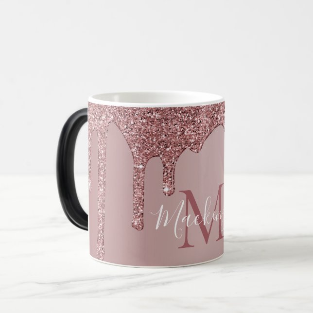Rose Gold Luxury Dripping Glitter Monogram Magic Mug (Front Left)