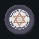 Rose Gold Magen David Star Happy Purim Party Paper Plate<br><div class="desc">Set a festive party table with these custom Happy Purim paper plates in blue and white with a faux glitter rose gold Magen Daveid star and your custom text. The deep navy blue is the background for a white centre, matching dark blue text that can be personalized with your name...</div>
