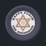 Rose Gold Magen David Star Happy Purim Party Paper Plate<br><div class="desc">Set a festive party table with these custom Happy Purim paper plates in blue and white with a faux glitter rose gold Magen Daveid star and your custom text. The deep navy blue is the background for a white centre, matching dark blue text that can be personalized with your name...</div>